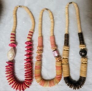 Bundle 3 Vintage wooden Flat Disk & Shell Glass Pendant Statement Necklaces BOHO